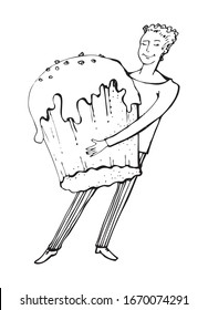 Ein junger, süßer Mann steht in vollem Wachstum. Er hält einen riesigen Osterkuchen. Einzige Illustration auf weißem Hintergrund zum Thema Ostern. Schwarze Linie. Handgezeichnete Vektorillustration-Grafik.