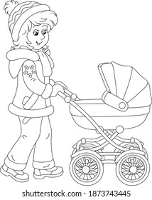 Young cute mom on a leisurely walk with her small child sleeping in a baby carriage on a winter day, black and white outline vector cartoon illustration for a coloring book page