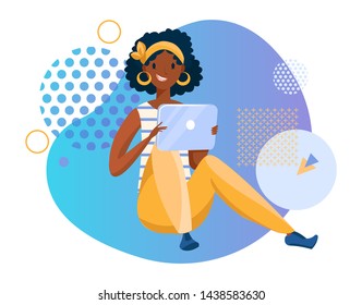 Young cute negro girl communicates in social networks while sitting with a tablet. Rest after the working day, happy pastime. Character in a flat cartoon style