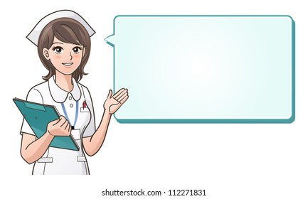 Young cute nurse providing information with a smile on a speech bubble background.Health care, Nurse hat, Cartoon Nurse. isolated on white. Clipping mask is used in the EPS file.