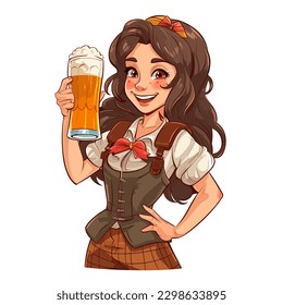 Young cute Oktoberfest waitress, wearing a traditional costume, serving big beer mugs on whitebackground. cartoon vector illustration, white background, label, sticker, t-shirt design