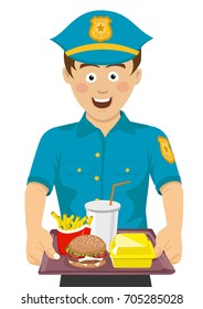 Young cute policeman holding a tray with fast food