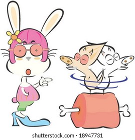 Young Cute Rabbit and Happy Smiling Wild Boar Character isolated on white background - lovely children play with sweet meat loaf and funny costume : vector illustration
