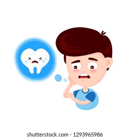 Young cute sad man with a toothache and crying tooth. Frustrated young man touching his cheek and feel aching tooth. Concept for dentist. Vector flat cartoon character illustration icon design