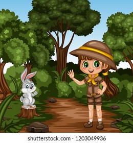 Young Cute Scout Girl Waving Cartoon Character in a Costume and Scout Hat and a Cute Rabbit Standing on The Log in the Forest. Little Scout Standing on a Forest Path