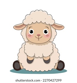 Young cute sheep. Baby sheep. Vector graphics. Illustration for children. Smiling nice animal.