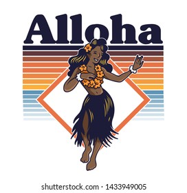 Young cute smile Hawaiian hula girl dancing on the beach luau aloha party. in lei and grass skirt Vintage fashion trendy summer print design for t-shirt poster sticker badge patch Cartoon illustration