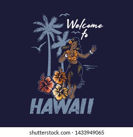 Young cute smile Hawaiian hula girl dancing on the beach luau aloha party. in lei and grass skirt Vintage fashion trendy summer print design for t-shirt poster sticker badge patch Cartoon illustration