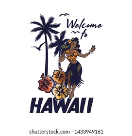 Young cute smile Hawaiian hula girl dancing on the beach luau aloha party. in lei and grass skirt Vintage fashion trendy summer print design for t-shirt poster sticker badge patch Cartoon illustration