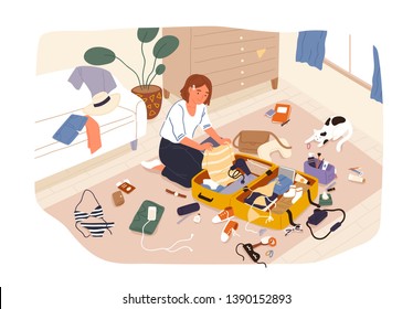 Young cute smiling girl sitting on floor and packing her suitcase or bag and preparing for trip or travel. Happy traveler getting ready for summer vacation. Flat cartoon colorful vector illustration.