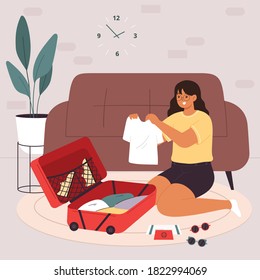 Young cute smiling girl sitting on floor and packing her suitcase or bag and preparing for trip or travel. Happy traveler getting ready for summer vacation. Flat cartoon colorful vector illustration.