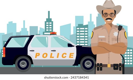 Young Cute Smiling Standing Policeman Sheriff Officer in Uniform with Police Car and Modern Cityscape in Flat Style. Vector Illustration