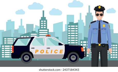 Young Cute Smiling Standing Policeman Officer in Uniform with Police Car and Modern Cityscape in Flat Style. Vector Illustration