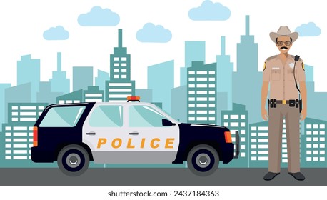 Young Cute Smiling Standing Policeman Sheriff Officer in Uniform with Police Car and Modern Cityscape in Flat Style. Vector Illustration