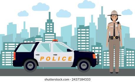 Young Cute Smiling Standing Policewoman Sheriff Officer in Uniform with Police Car and Modern Cityscape in Flat Style. Vector Illustration