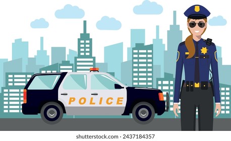 Young Cute Smiling Standing Policewoman Officer in Uniform with Police Car and Modern Cityscape in Flat Style. Vector Illustration