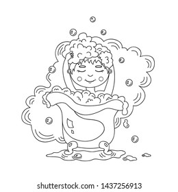 Young cute teenage boy takes bath sits in bath tub smiling, wash head by hands, surrounded by wet steam and soap bubbles. Black and white doodle cartoon vector illustration isolated, coloring book
