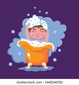 Young cute teenage boy takes bath sits in bath tub smiling, wash head by hands, surrounded by wet steam and soap bubbles. Colored cartoon flat style vector illustration on purple background for kids 