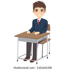 Young cute teenager student boy sitting on school desk