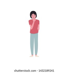 Young cute thinking woman in trendy flat style. Vector girl illustration isolated on a white background. Stock portrait of a beautiful female thinking.