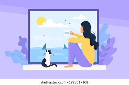 Young cute thoughtful girl with cat sitting on the windowsill, drinks tea or coffee and looking out the window at home. Relaxation, thinking, meditating concept. Flart cartoon vector illustration