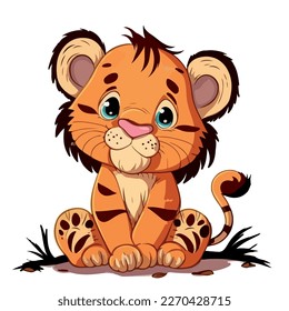 Young cute tiger. Baby tiger. Vector graphics. Illustration for children. Smiling nice animal.