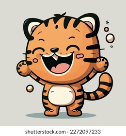Joven tigre lindo. Tigre bebé. Gráficos vectoriales. Ilustración para un niño. Pequeño animal sonriente, alegre y cariñosamente.