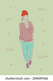young cute trendy girl does selfie. vector fashion illustration. 