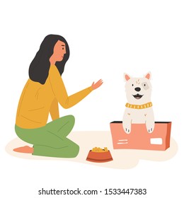 Young cute volunteer feeding street dog. Animal care concept. Colorful vector flat illustration