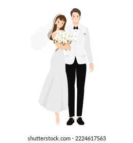 young cute wedding couple in white tuxedo for invitation card flat style