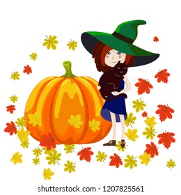 Young cute witch and cat near pumpkin. Leaves around
