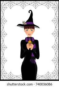 Young cute witch in long black dress, scarf and hat decorated with flowers holding cupcake isolated on white background framed with spiderweb. Halloween vector illustration, clip art