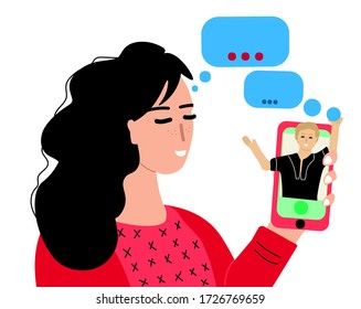 Young cute woman calling on video to her friend. Video calling concept. Web-conference, video chat. Colleague meeting online. Virtual distance talking with partner. Hand drawn vector illustration