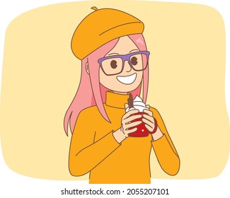 Young cute woman cartoon character holding hot pumpkin cinnamon spice latte drink during cold season concept