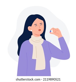 A young cute woman drinks a pill. Cartoon character standing and holding pill capsule painkiller or vitamin medication in hand. Medical drugs and vitamin concept. Vector flat colorful illustration.