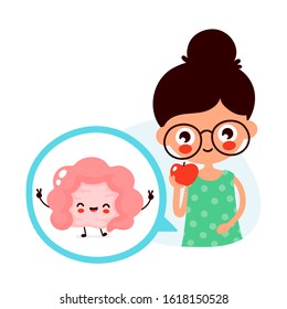 Young cute woman eat apple fruit. Happy cute intestine in circle. Vector flat cartoon character illustration.Isolated on white background. Food, nutrition for healthy intestine organ concept
