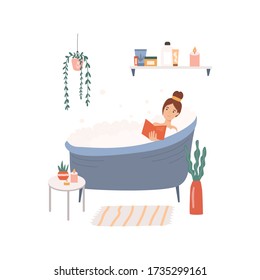 Young cute woman enjoying free time at cozy home, taking bath with foam and reading book. Relaxation and self-care concept. Hand drawn flat  vector illustration isolated on white background.