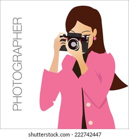 Young cute woman  holding the camera  while Pressing The Shutter Button  Vector  Eps 10 