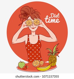 Young, cute woman holding orange slices in front of eyes