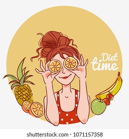 Young, cute woman holding orange slices in front of eyes