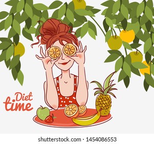 Young, cute woman holding orange slices in front of eyes