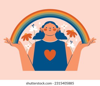 Young cute woman holding rainbow in hands. Clip art with cartoon comic girl with flowers, plants. Funny illustration for sticker, poster. Mental health support concept. Minimal, contemporary style.