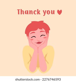 A young cute woman leans on her hands with the inscription "Thank you". Vector illustration of a happy girl smiling gratefully. Poster, banner, postcard and more.