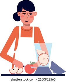 Young cute woman makes a smoothie, put apples into blender in her kitchen. Vector illustration with food and cooking