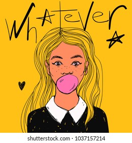 Young cute woman with pink bubble gum, long pink hair and white collar. Hand drawn pop art vector illustration and Whatever text.