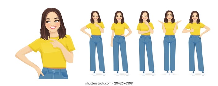 Young cute woman with short hairstyle in casual style clothes set. Different gestures pointing, thinking, standing, frustrated, showing thumb up isolated vector ilustration