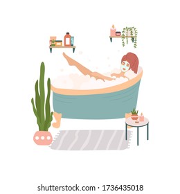 Young cute woman with skin care mask  taking bath and enjoying free time at home with plants. Relaxation and self-care concept. Hand drawn flat  vector illustration isolated on white background.