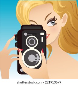 Young cute woman smiling   holding the camera While Pressing The Shutter Button  Blue gradient background  Vector  Eps 10 