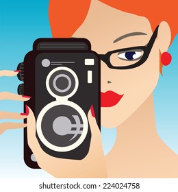 Young cute woman smiling   holding the camera While Pressing The Shutter Button  Blue gradient background  Vector  Eps 10 