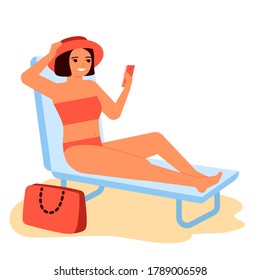Young cute woman sunbathes in swimsuit on sun lounger and talk to smartphone. Girl takes sun baths. Summer tan. Vector illustration